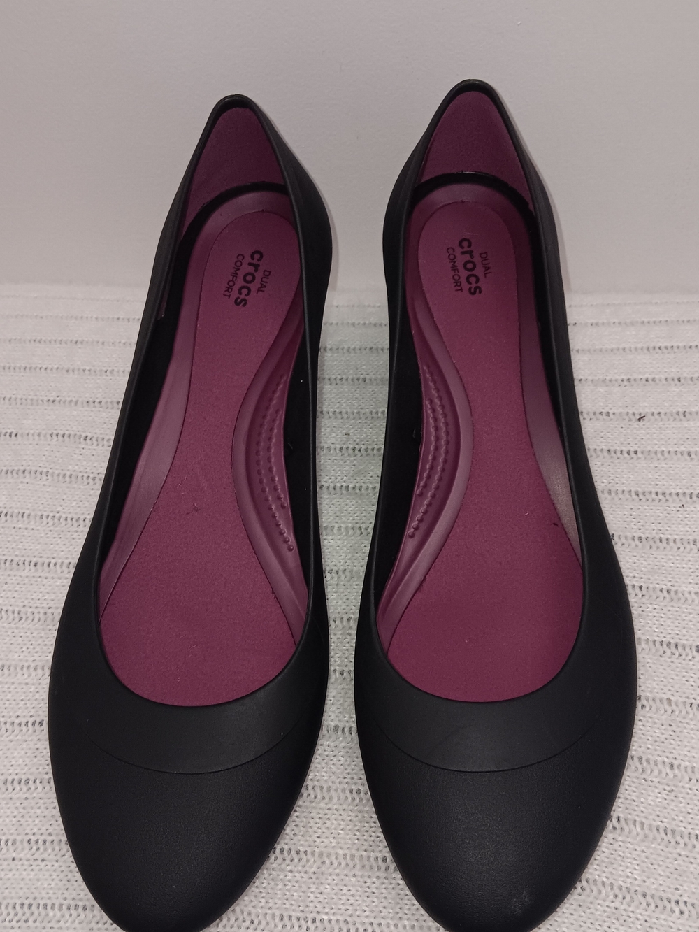 CROCS Women's Black Ballet Wedge  with Plum Insole, Women Us 11